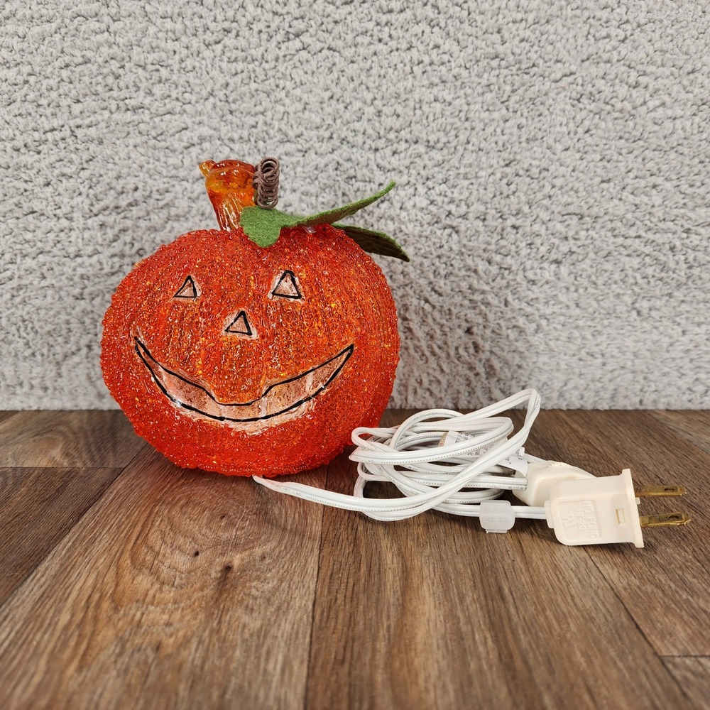 Vintage Orange Glass Popcorn Jack O Lantern Pumpkin Tabletop Light 6.5"‎